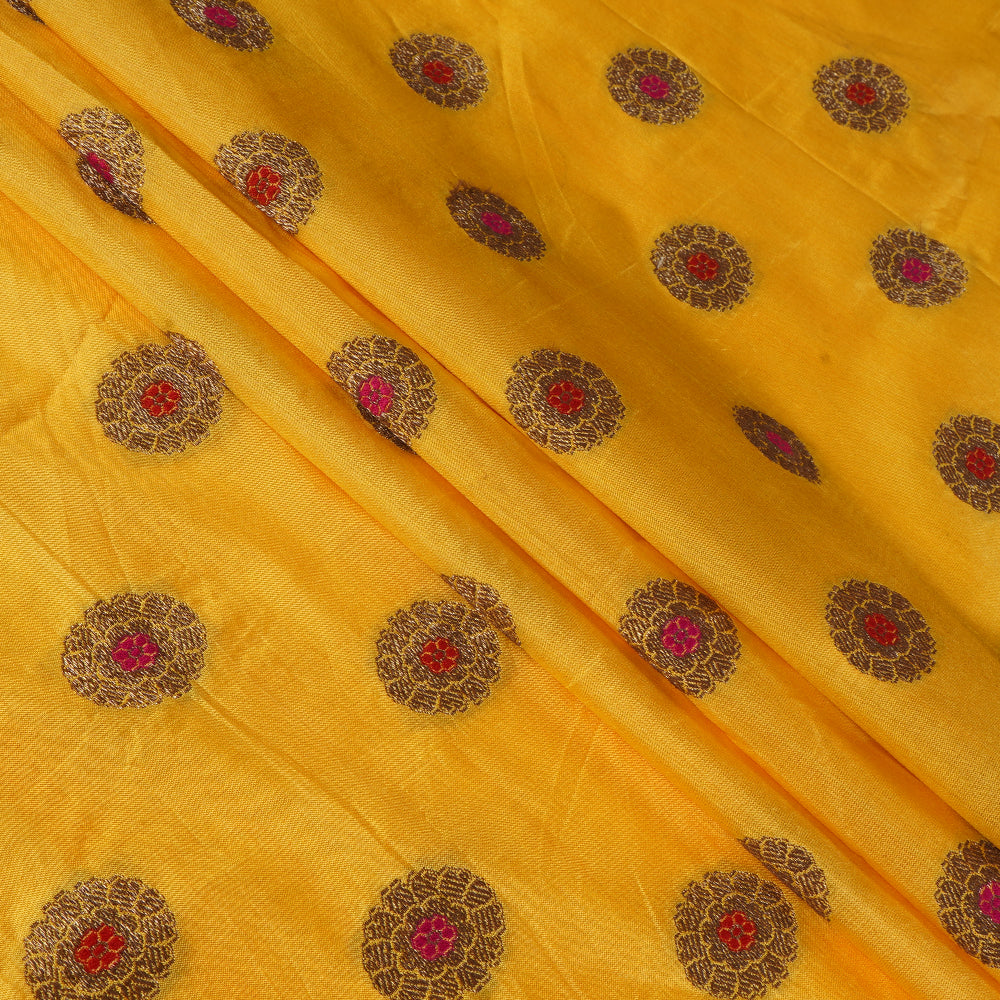 (Pre Cut 1.40 Mtr Piece) Yellow Color Handwoven Brocade Silk Fabric