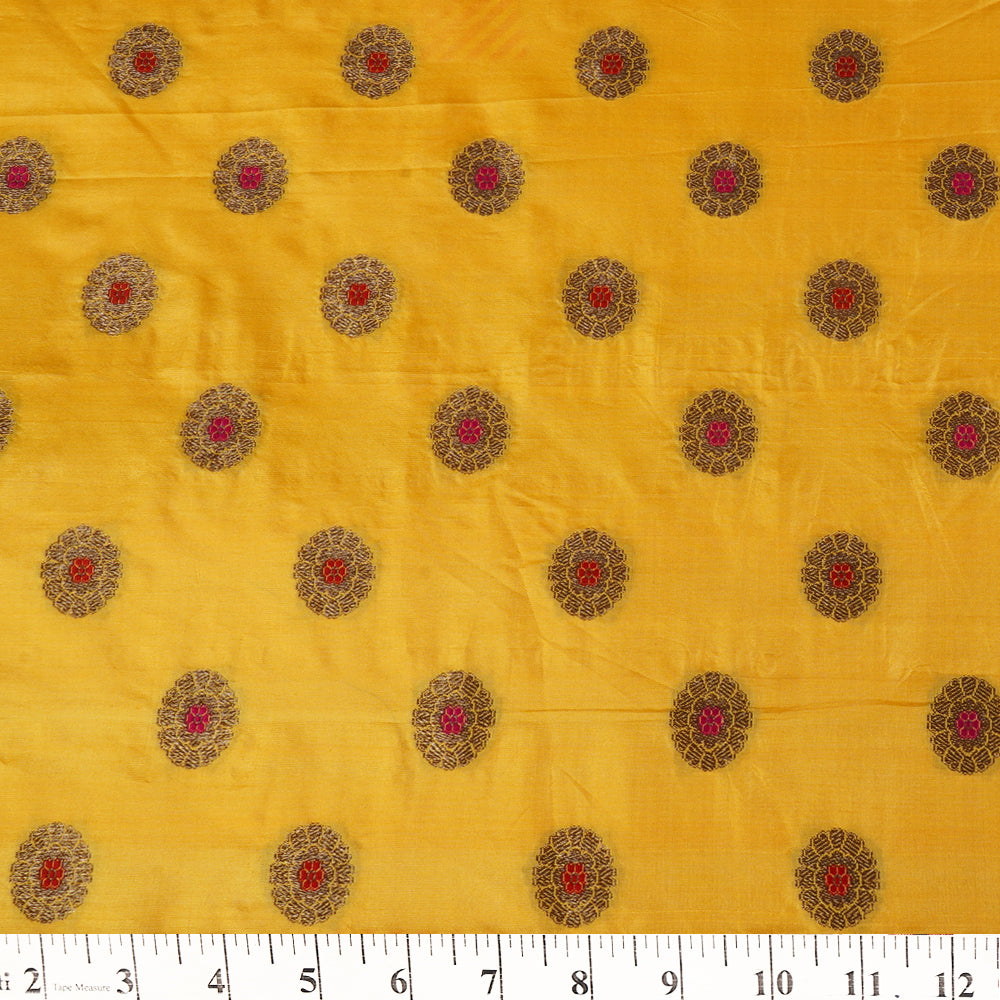 (Pre Cut 1.40 Mtr Piece) Yellow Color Handwoven Brocade Silk Fabric
