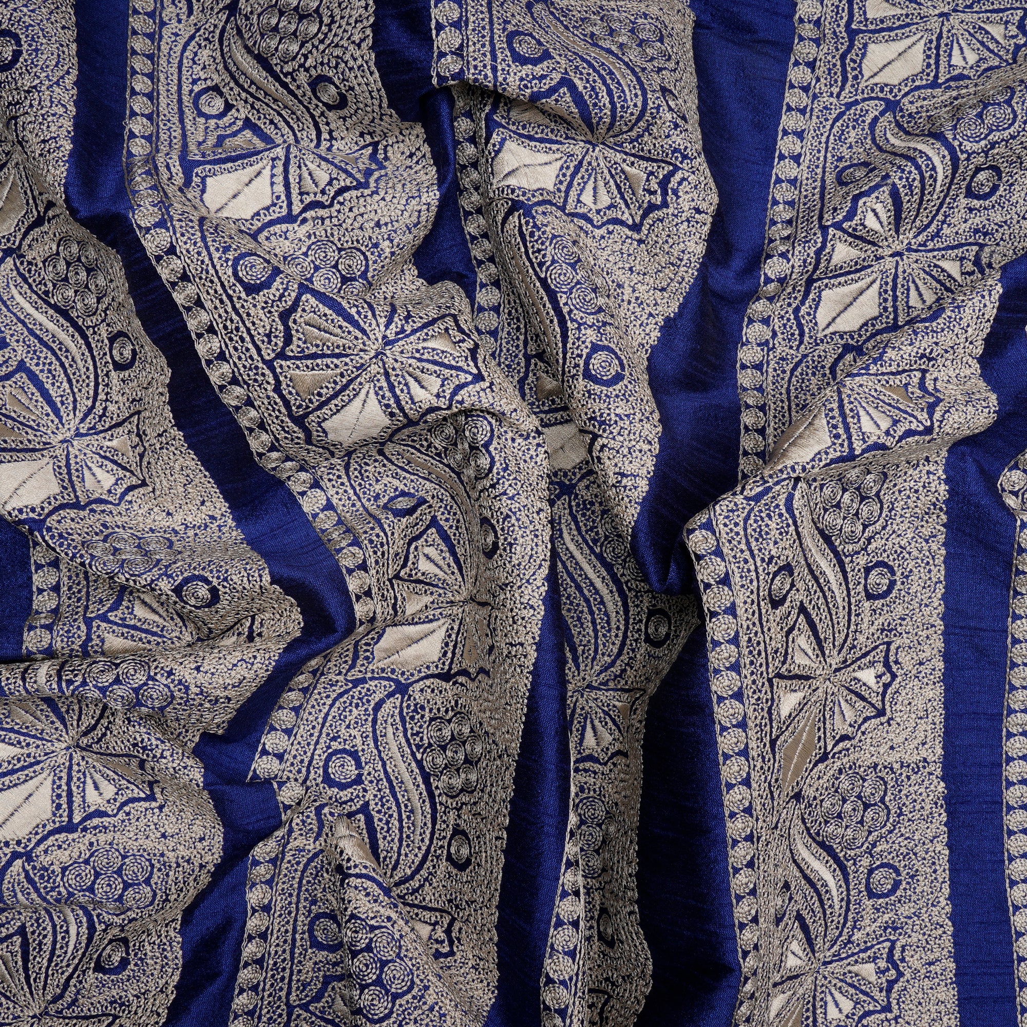 (Pre Cut 2.50 Mtr Piece) Blue Color Embroidered Polyester Fabric
