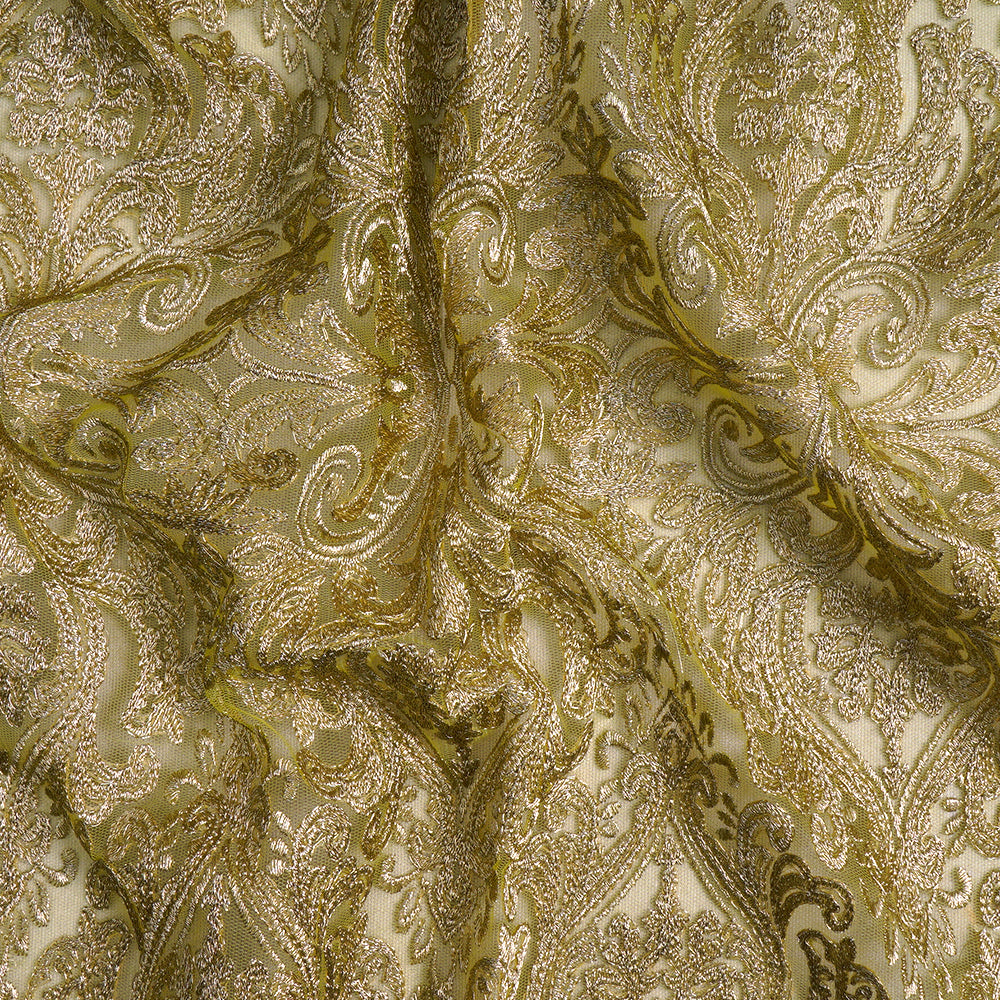 (Pre-Cut 1.20 Mtr) Green-Golden Color Embroidered Nylon Net