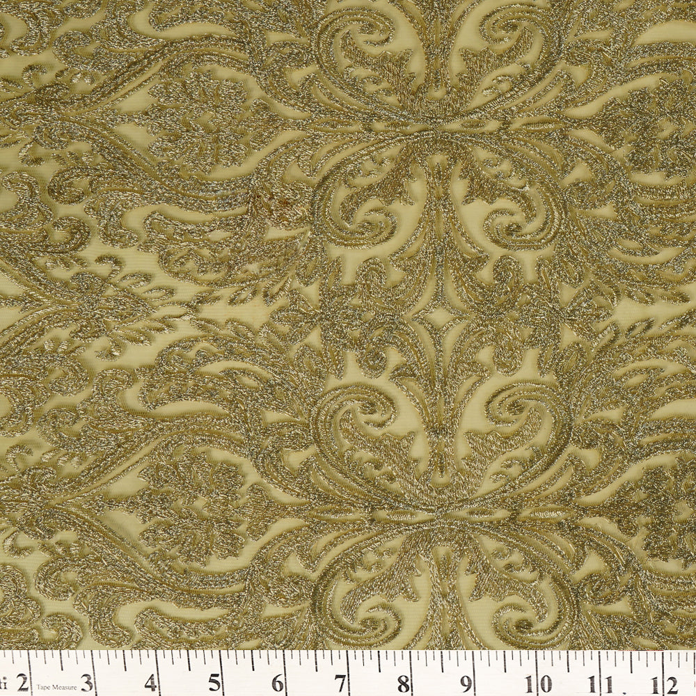 (Pre Cut 3.10 Mtr Piece) Lime Yellow Color Embroidered Nylon Net Fabric