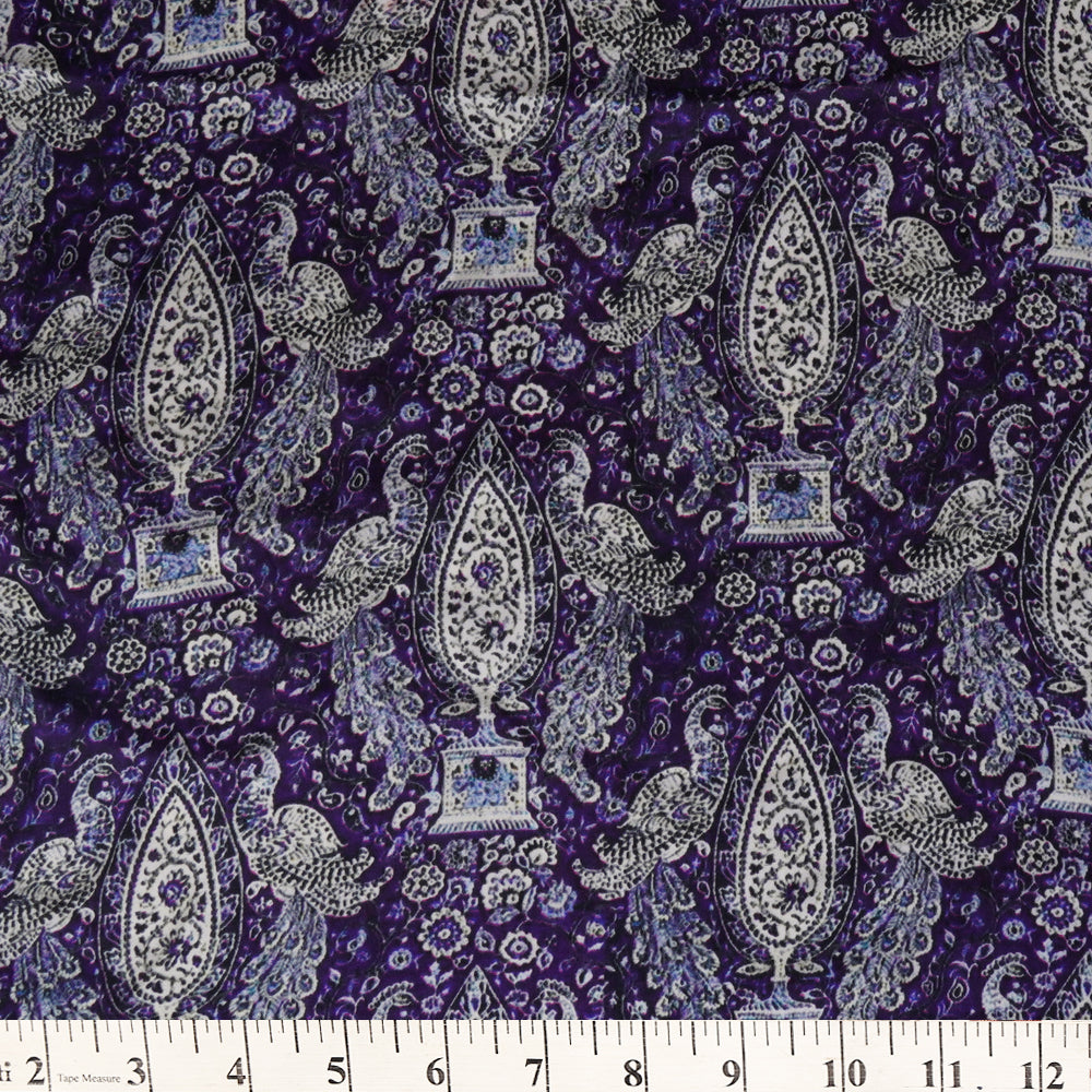 (Pre Cut 1 Mtr Piece) Purple Color Printed Bemberg Georgette Satin Fabric