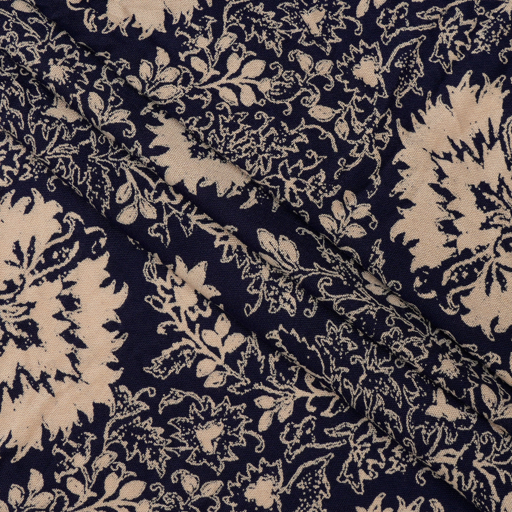 (Pre Cut 0.90 Mtr Piece) Dark Blue Color Printed Viscose Rayon Fabric