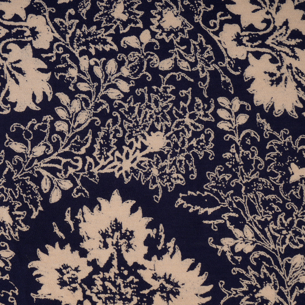 (Pre Cut 0.90 Mtr Piece) Dark Blue Color Printed Viscose Rayon Fabric