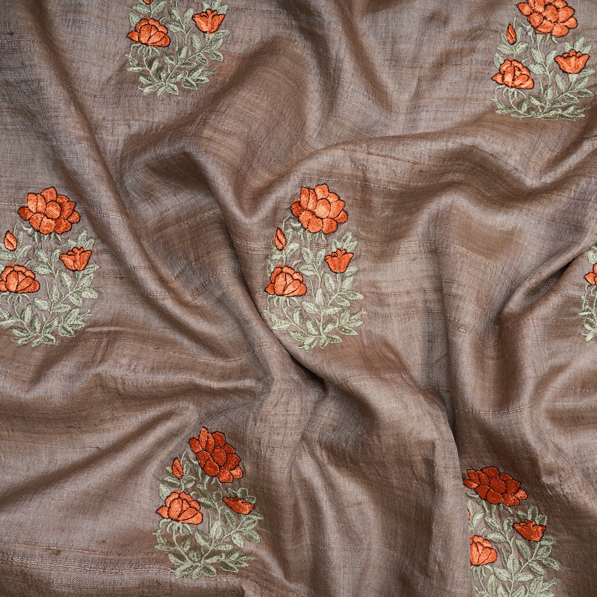 (Pre Cut 3.60 Mtr Piece) Ash Grey Color Embroidered Pure Tussar Silk Fabric