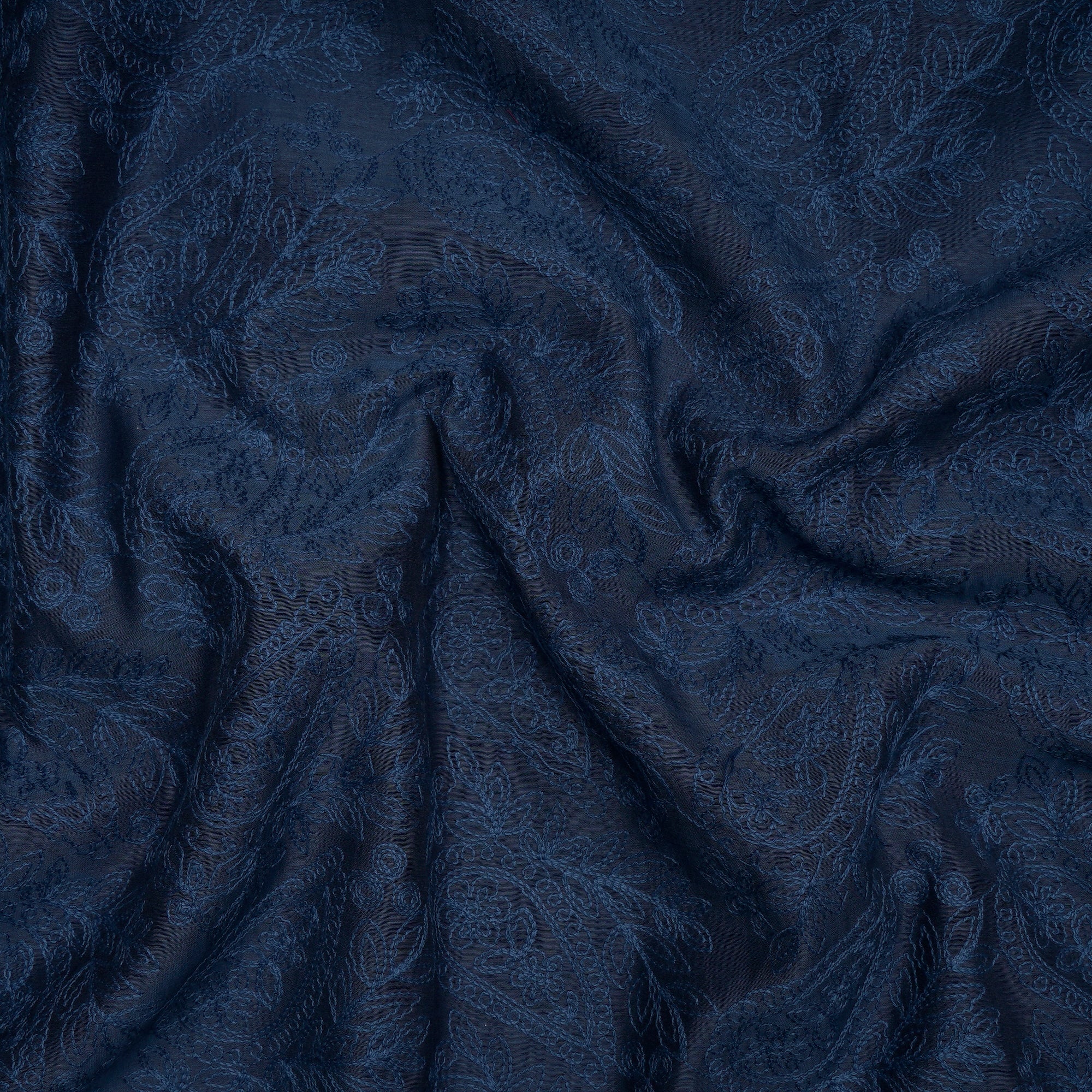 (Pre-Cut 2.80 Mtr) Navy Blue Embroidered Pure Chanderi Fabric