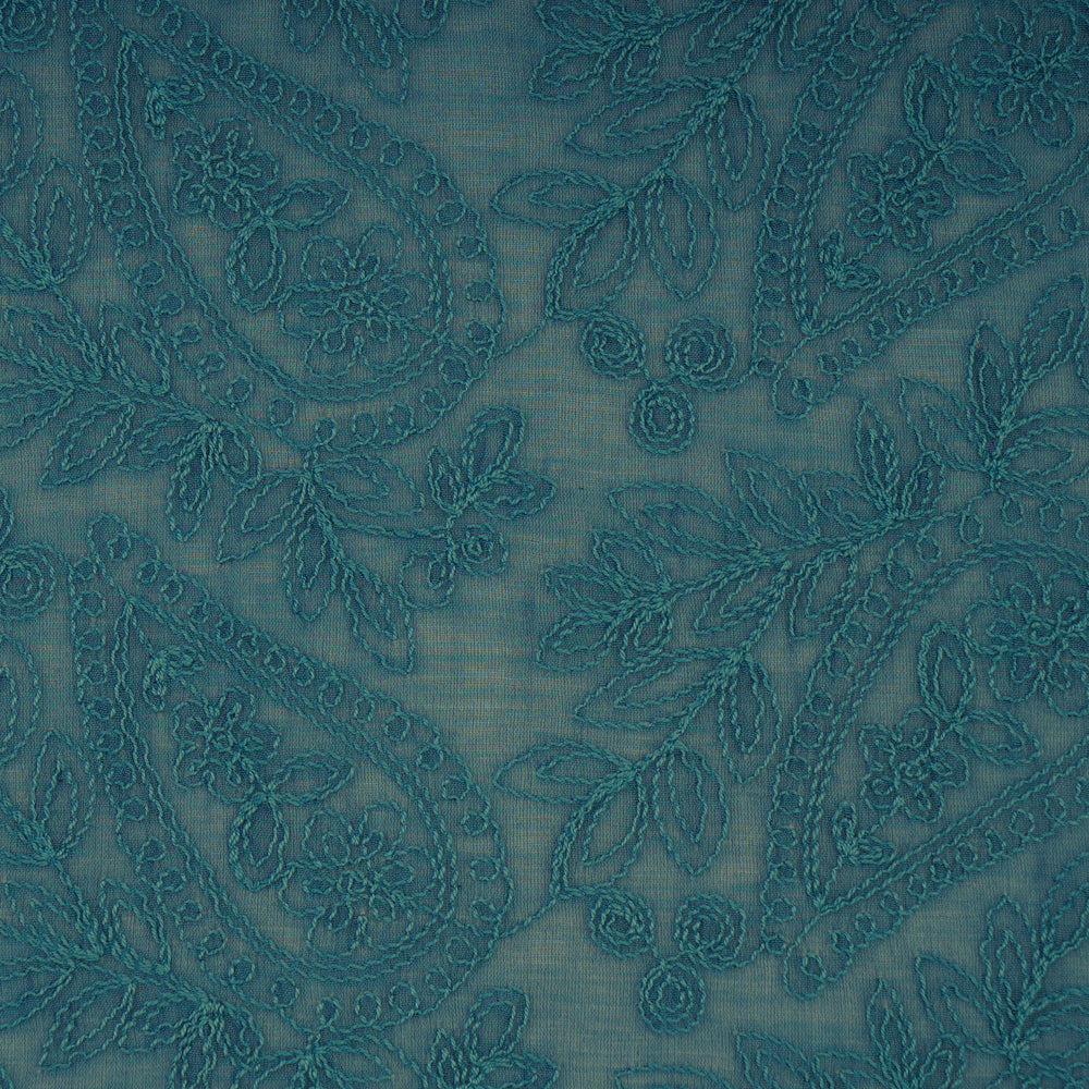 (Pre Cut 5 Mtr piece) Blue Color Embroidered Pure Chanderi Fabric