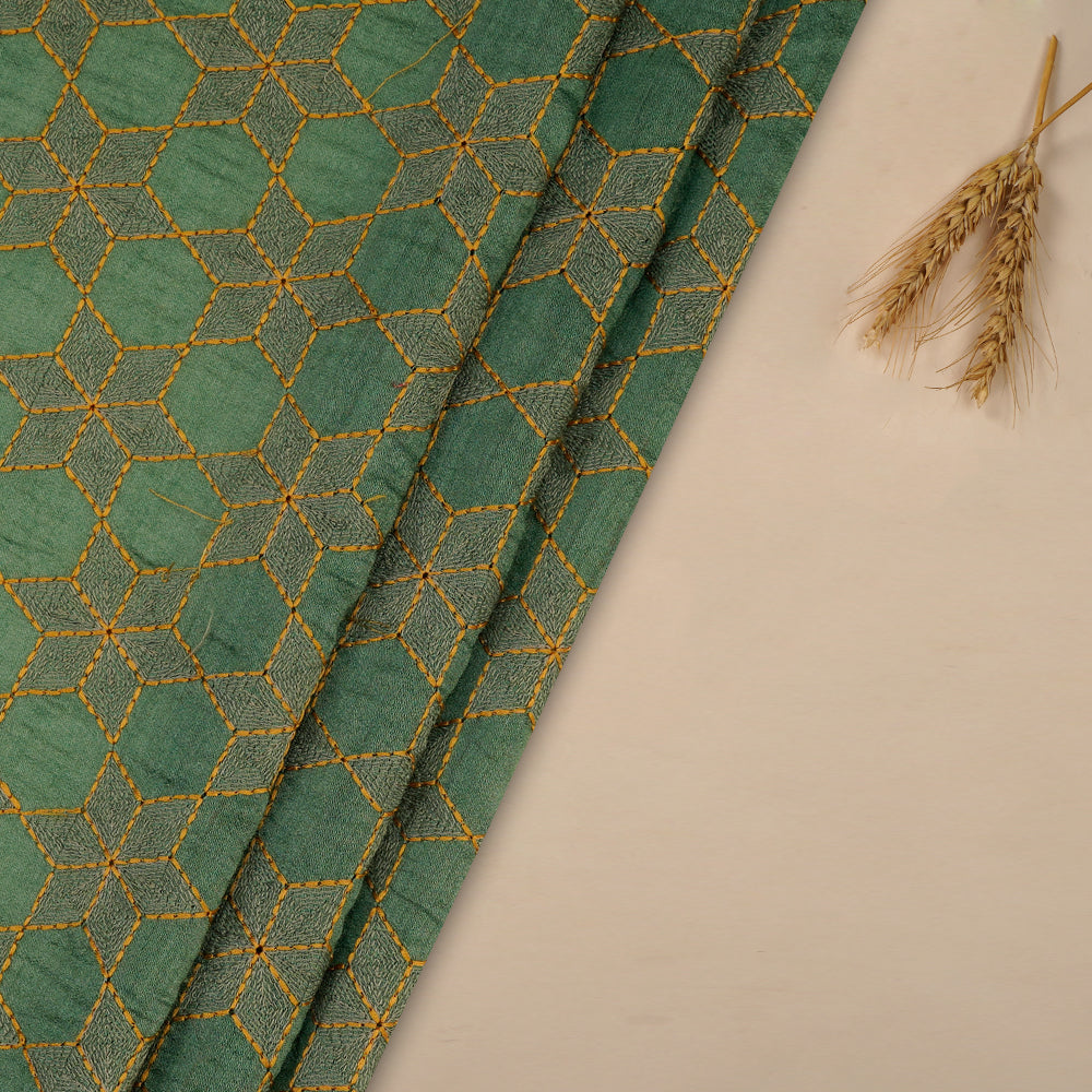 (Pre Cut 3.90 Mtr piece) Green Color Embroidered Pure Muga Silk Fabric