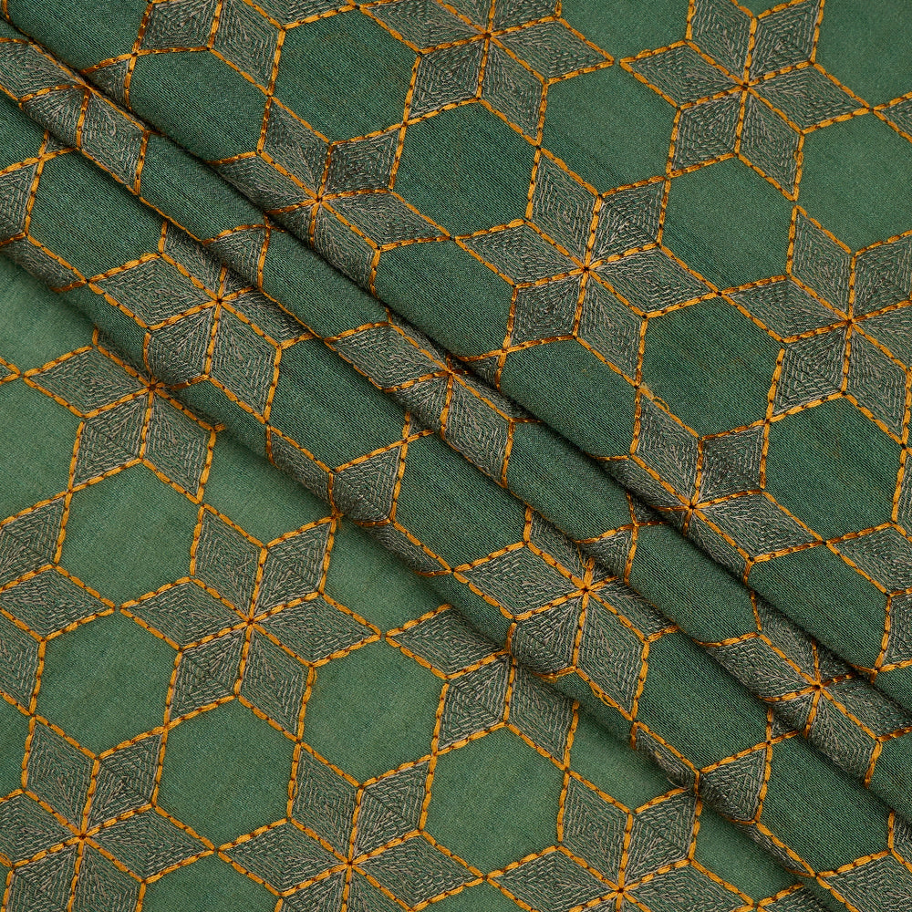 (Pre Cut 3.90 Mtr piece) Green Color Embroidered Pure Muga Silk Fabric