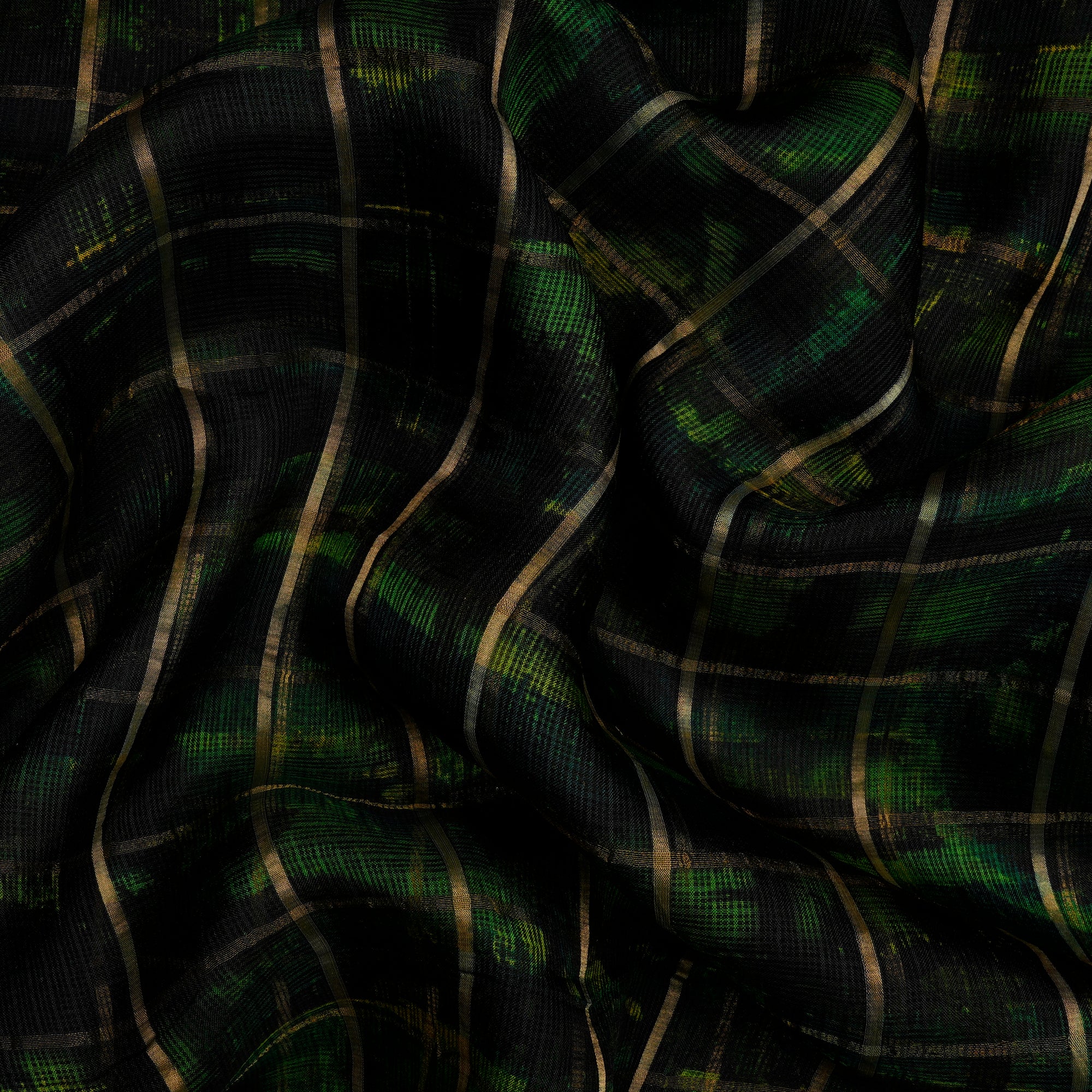 (Pre Cut 3.90 Mtr Piece) Green Color Zari Checked Pure Kota Silk Fabric