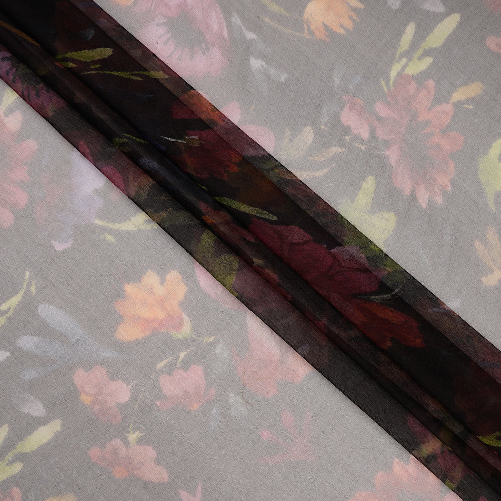 (Pre Cut 1.15 Mtr Piece) Black Color Digital Printed Pure Organza Silk Fabric