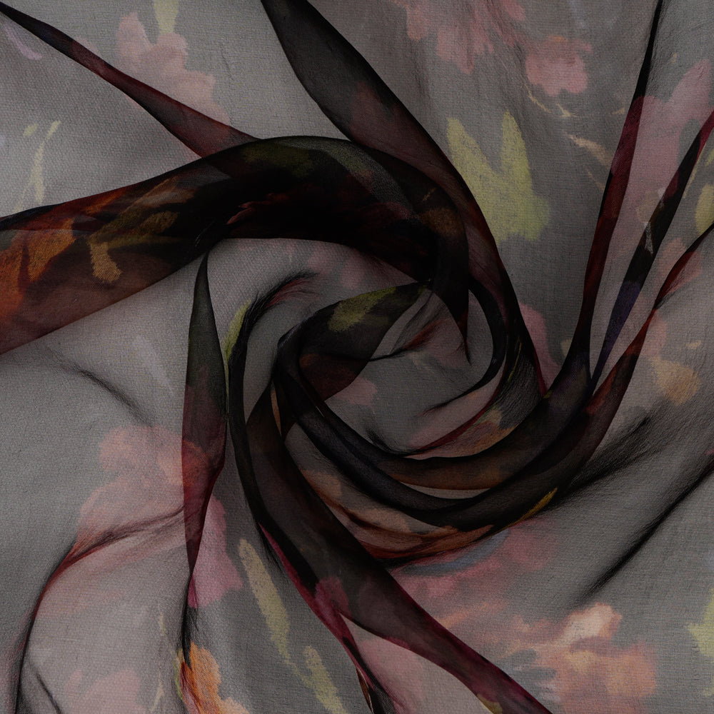 (Pre Cut 1.15 Mtr Piece) Black Color Digital Printed Pure Organza Silk Fabric