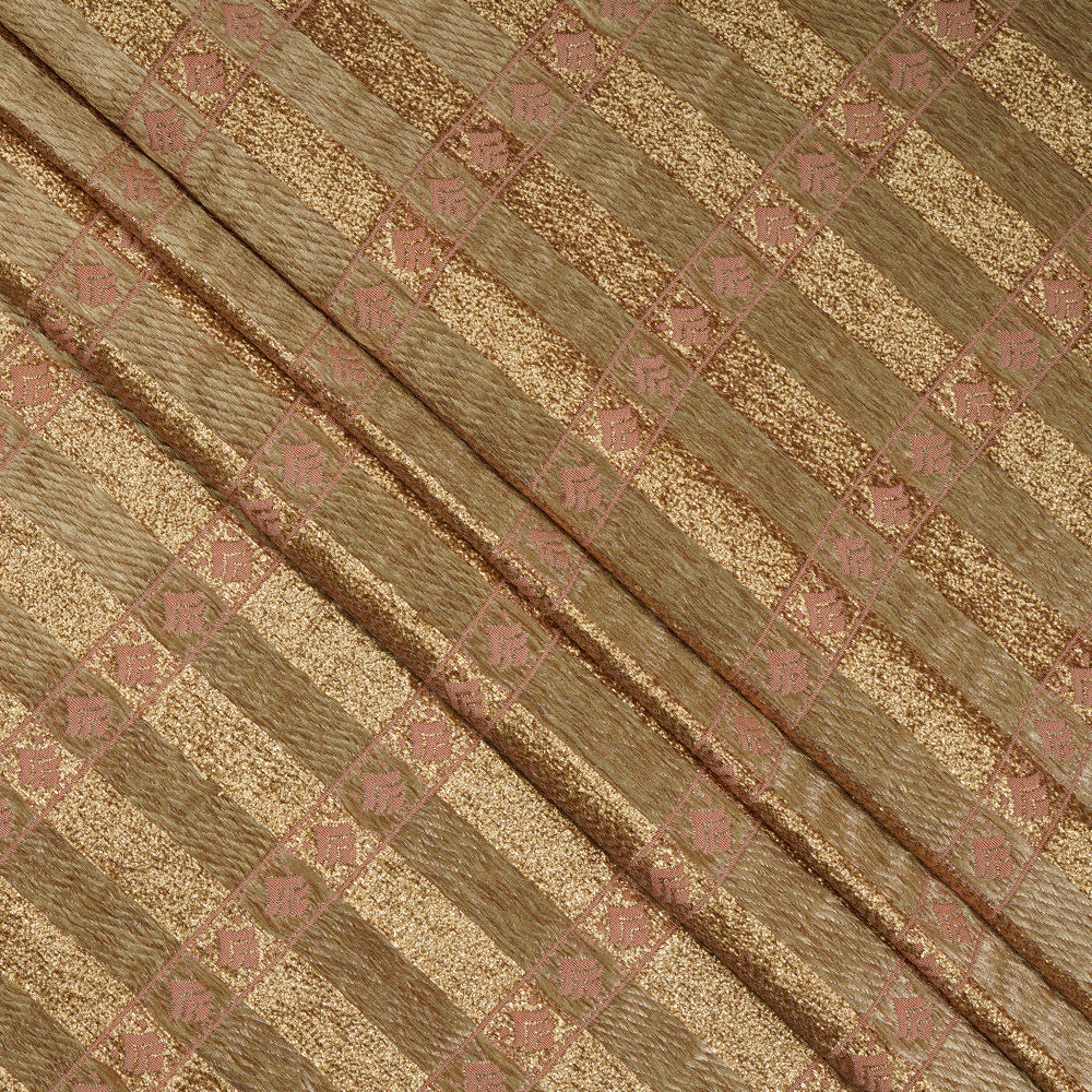 (Pre-Cut 3.70 Mtr) Peach Color Handwoven Brocade Silk Fabric