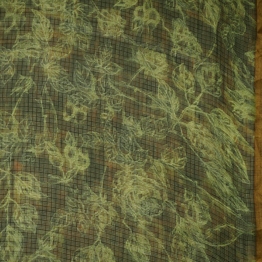 (Pre-Cut 3 Mtr) Green-Brown Color Printed Kota Silk Fabric
