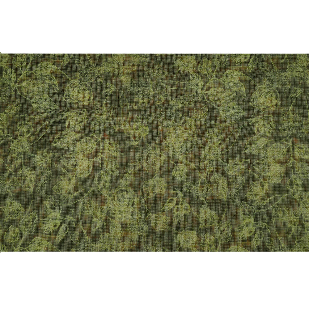 (Pre-Cut 3 Mtr) Green-Brown Color Printed Kota Silk Fabric
