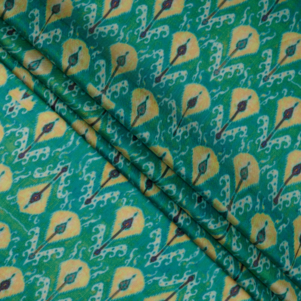 (Pre-Cut 4 Mtr) Green Color Printed Poly Georgette Satin Fabric