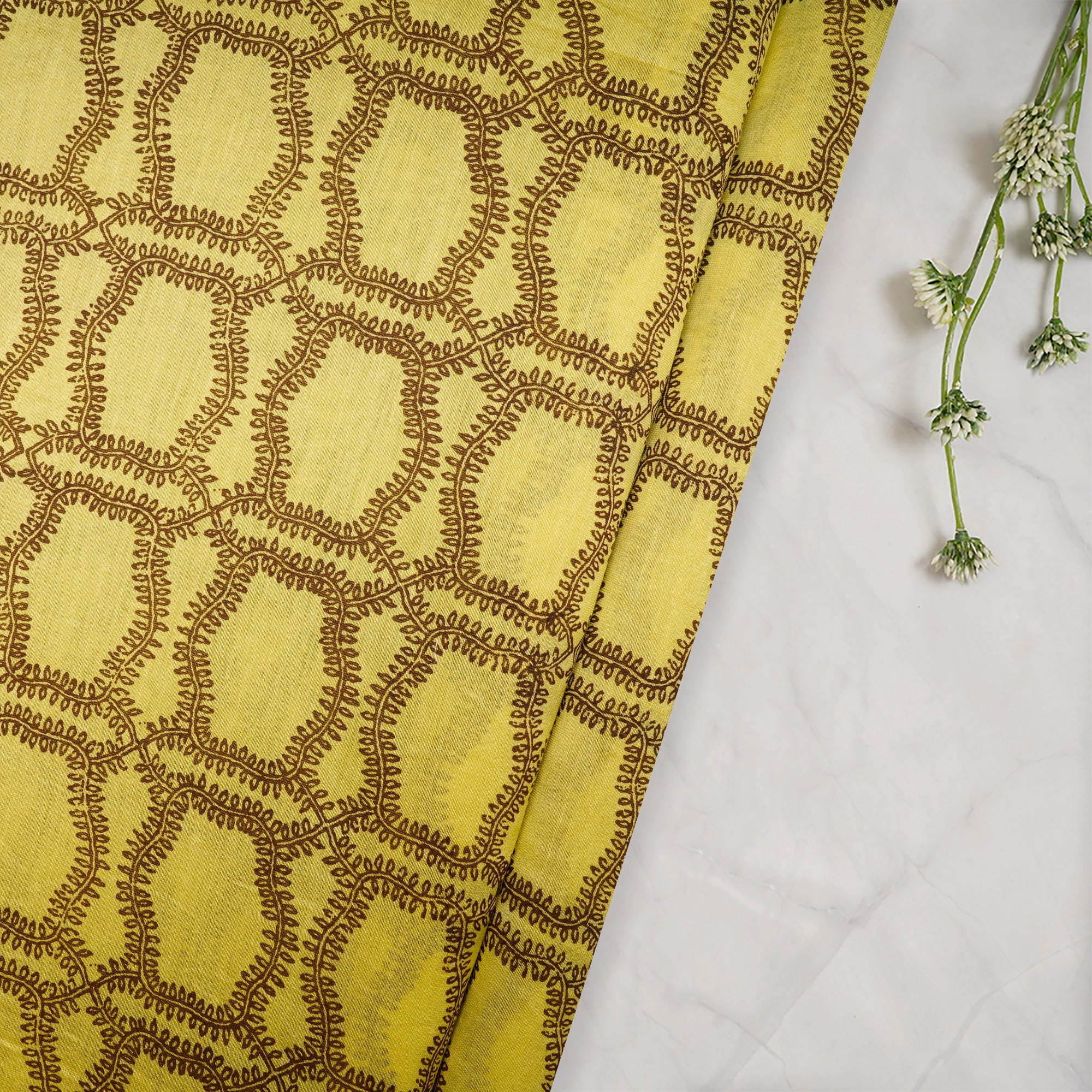 (Pre-Cut 1.55 Mtr) Lime Color Printed Pure Chanderi Fabric