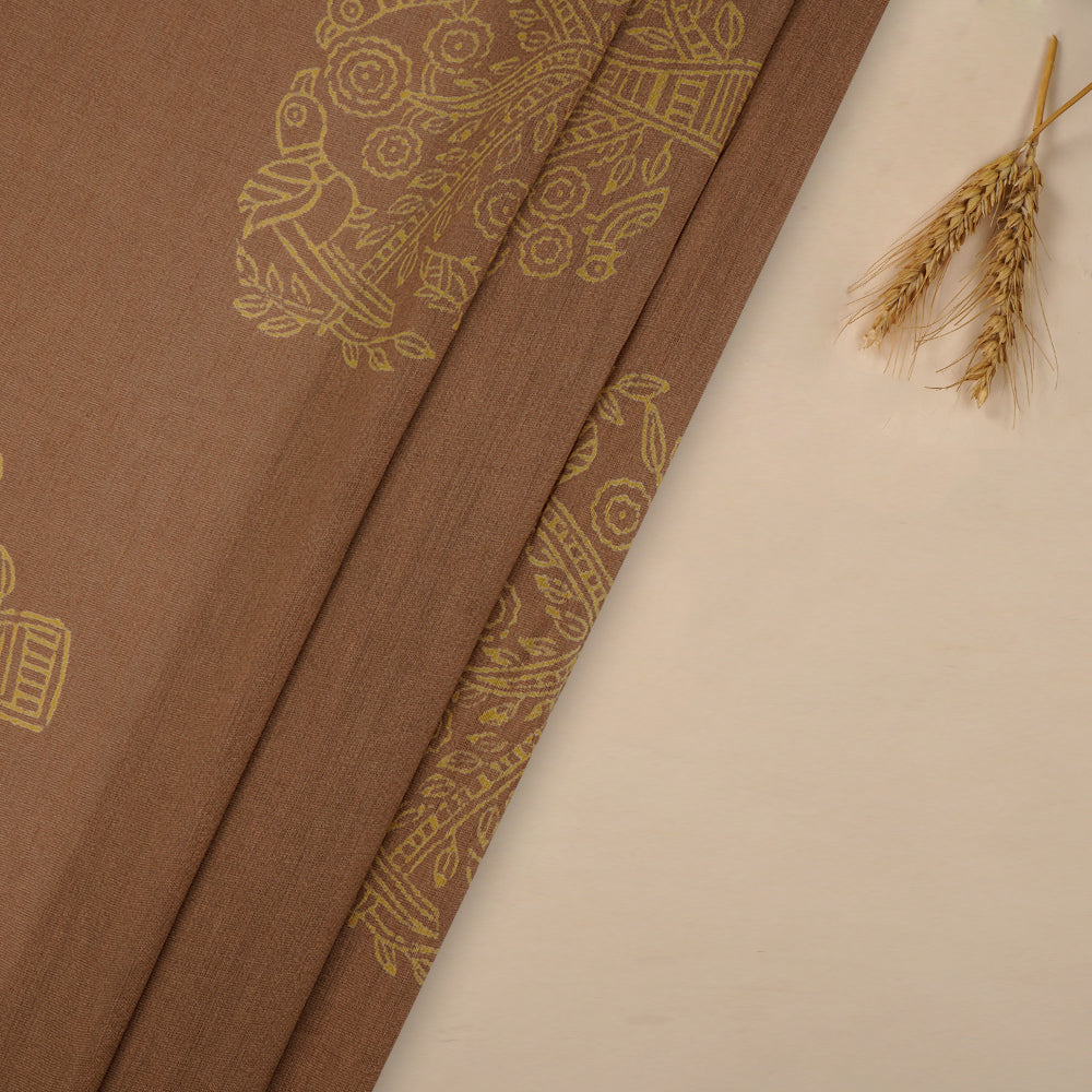 (Pre-Cut 4.60 Mtr) Brown Color Printed Pure Chanderi Fabric