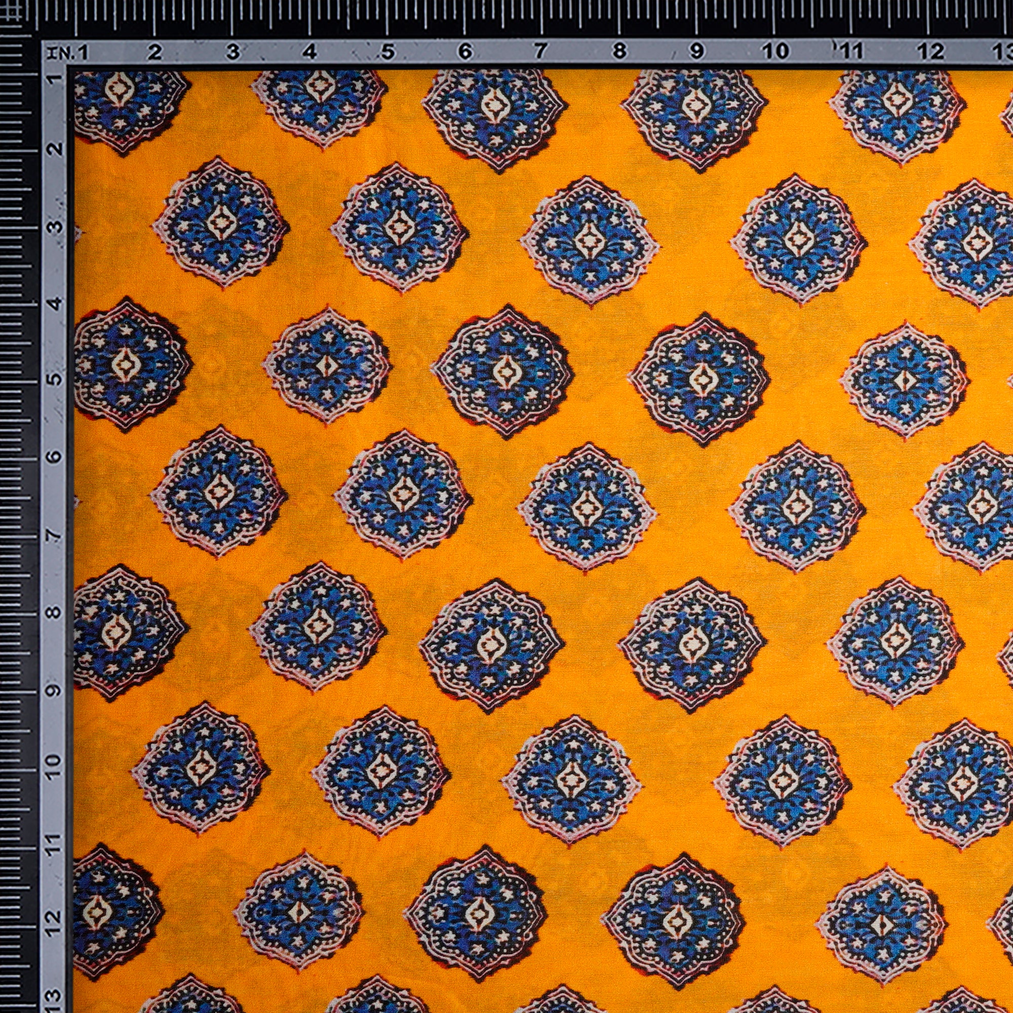 (Pre-Cut 3.90 Mtr) Mustard-Blue Color Printed Pure Chanderi Fabric