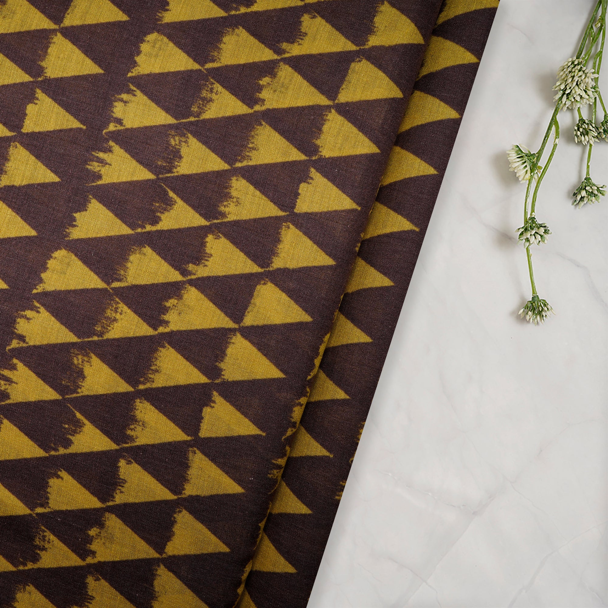 (Pre-Cut 3.30 Mtr) Brown-Yellow Color Digital Printed Silk Fabric
