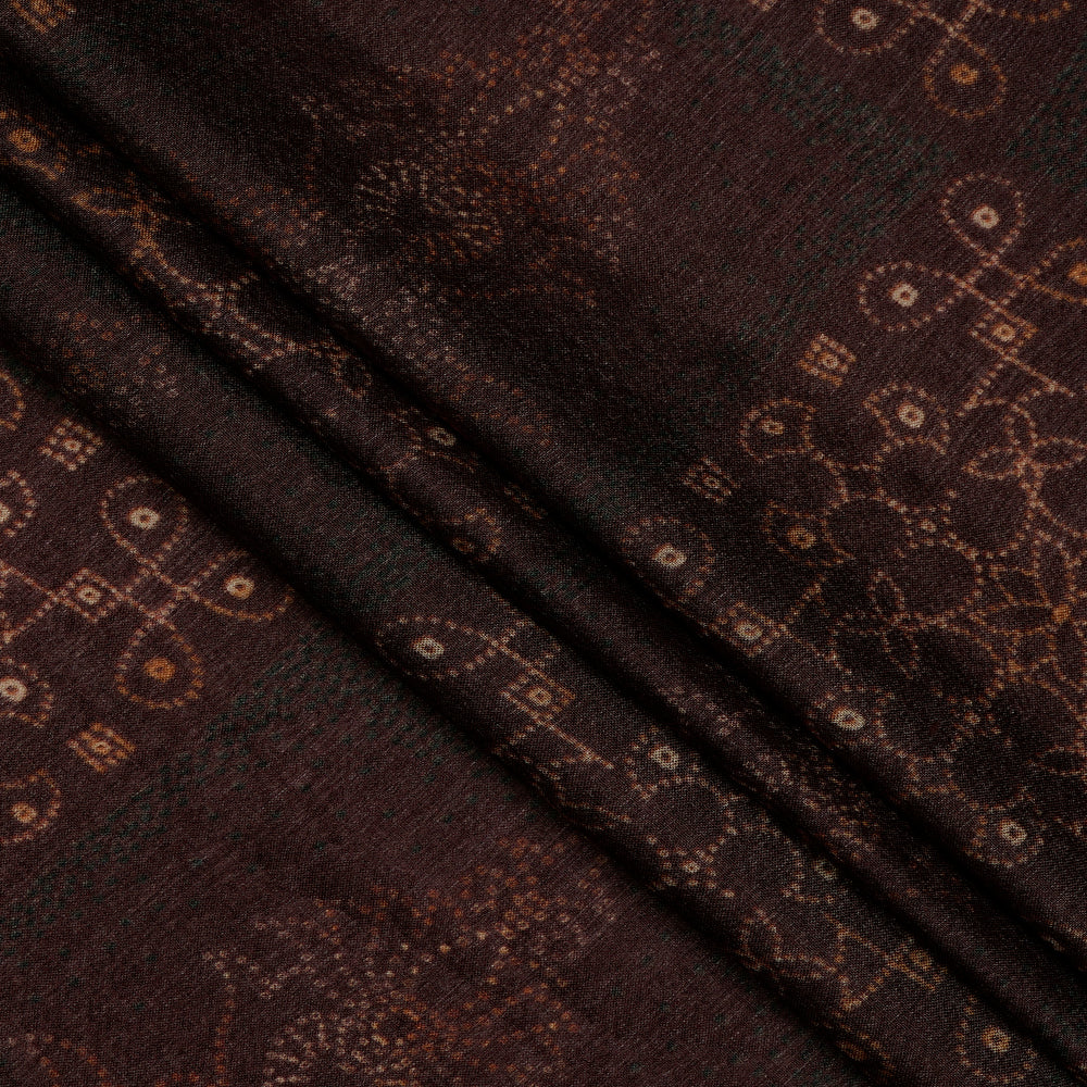 (Pre-Cut 3.50 Mtr) Brown Color Digital Printed Tussar Silk Fabric