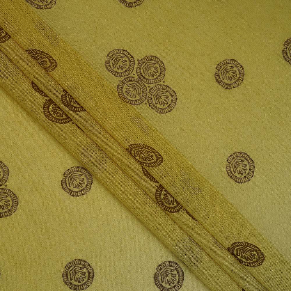 (Pre-Cut 4.20 Mtr ) Yellow Color Printed Pure Chanderi Fabric