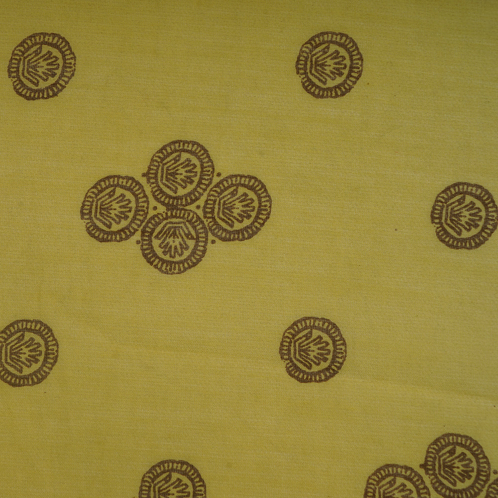 (Pre-Cut 4.20 Mtr ) Yellow Color Printed Pure Chanderi Fabric