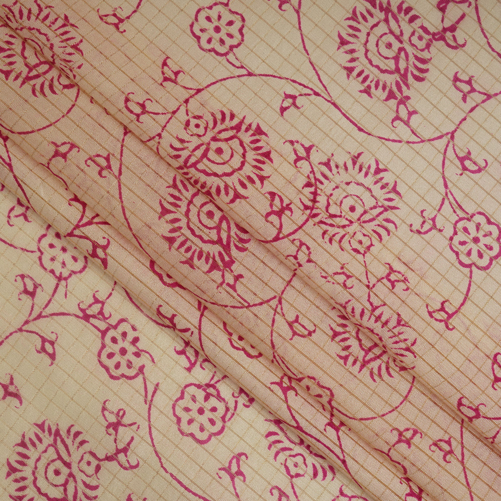 (Pre-Cut 3.15 Mtr ) Cream Color Printed Tussar Silk Fabric