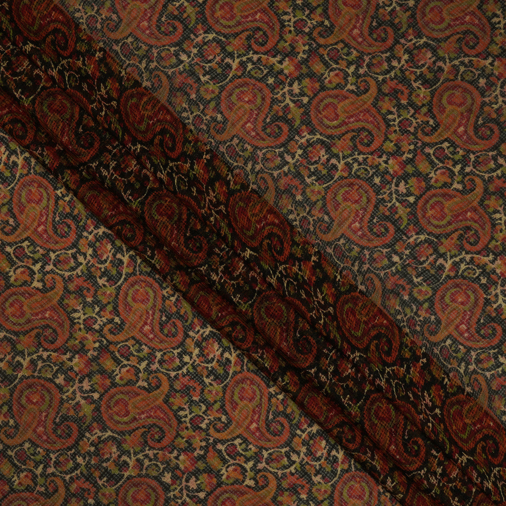 (Pre-Cut 1 Mtr ) Black-Orange Color Printed Kota Silk Fabric