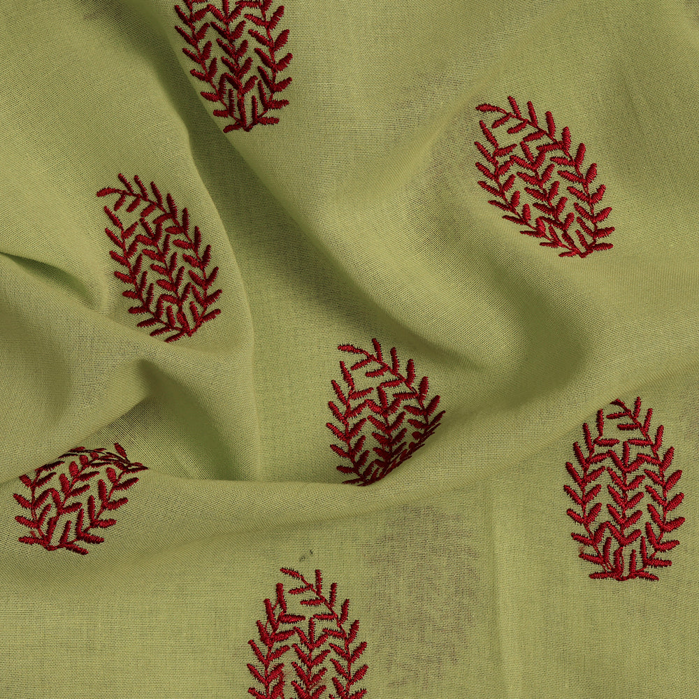 (Pre-Cut 4.10 Mtr) Green Color Embroidered Cotton Voile Fabric