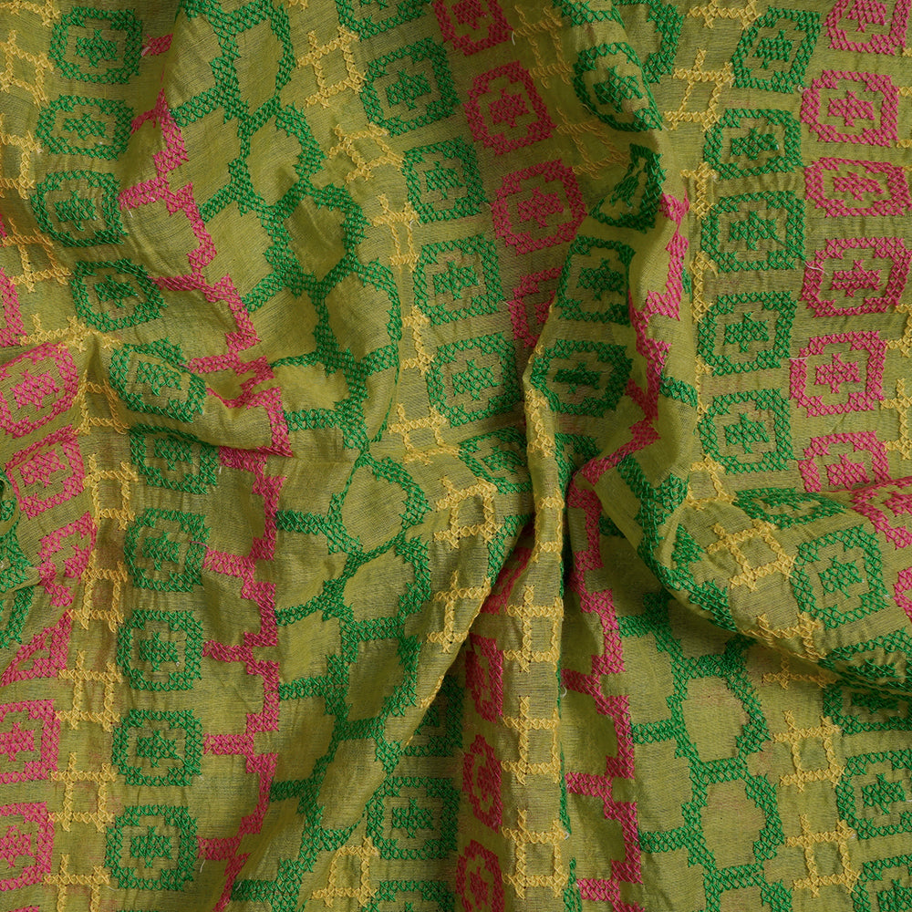 (Pre-Cut 3.65 Mtr) Light Green Color Embroidered Chanderi Fabric