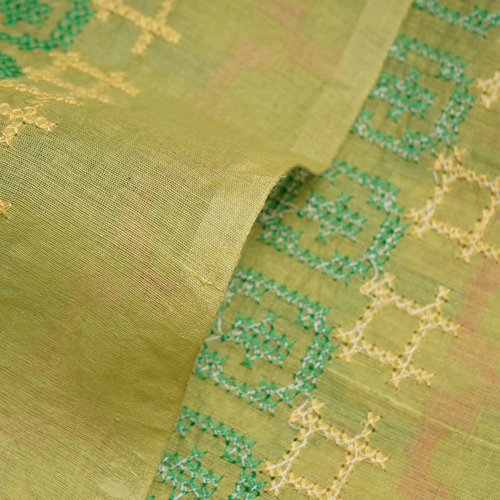 (Pre-Cut 3.65 Mtr) Light Green Color Embroidered Chanderi Fabric