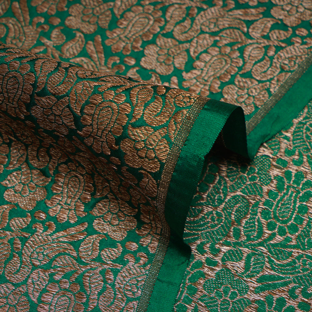 (Pre-Cut 2.70 Mtr) Green Color Handwoven Brocade Silk Fabric