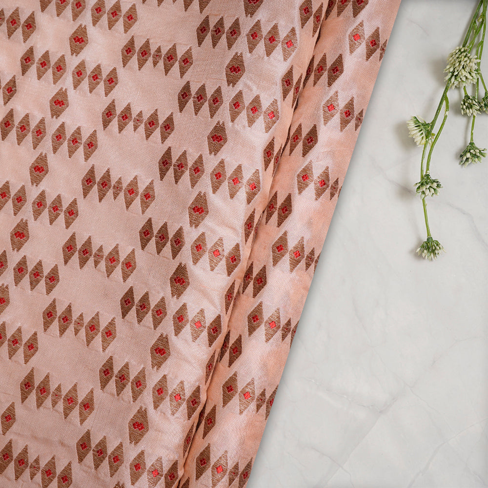 (Pre-Cut 1 Mtr) Peach Puff Color Handwoven Brocade Silk Fabric