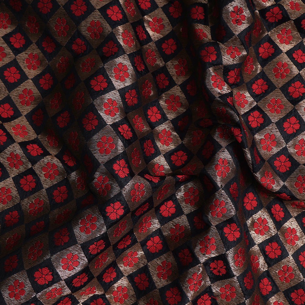 (Pre-Cut 1.60 Mtr) Black-Red Color Handwoven Brocade Silk Fabric