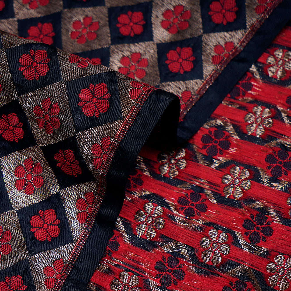 (Pre-Cut 1.60 Mtr) Black-Red Color Handwoven Brocade Silk Fabric