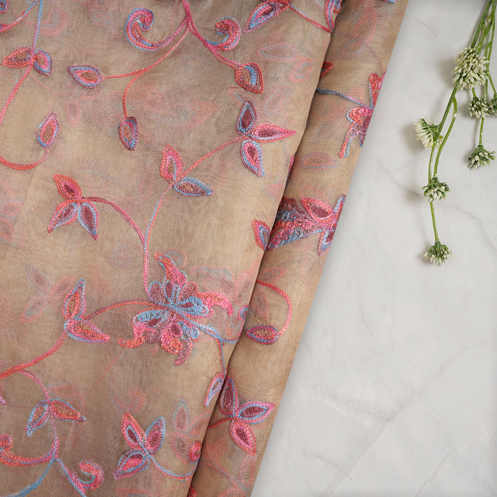 (Pre-Cut 3.35 Mtr) Desert Sand Color Embroidered Organza Silk Fabric