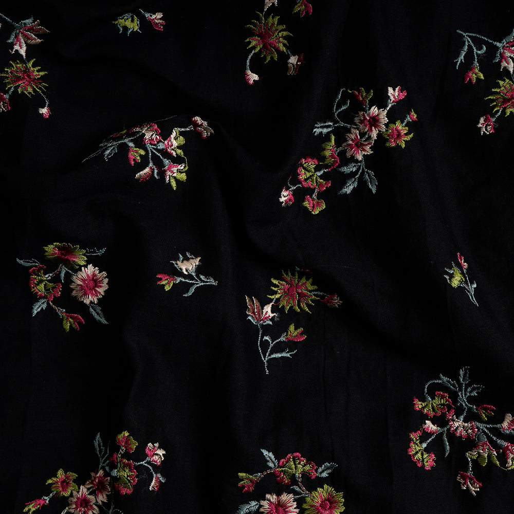 (Pre-Cut 2.50 Mtr) Black Color Embroidered Cotton Voile Fabric