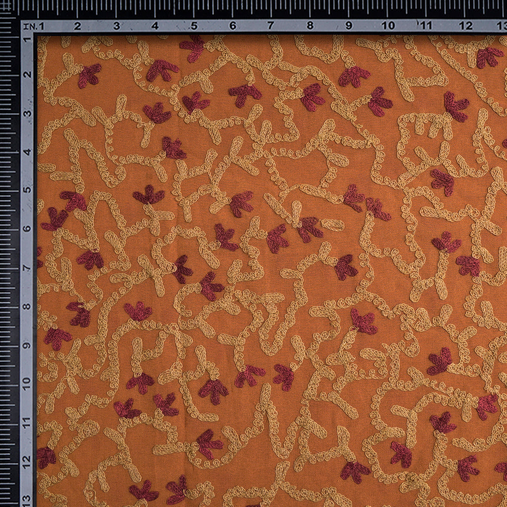 (Pre-Cut 4.10 Mtr) Pumpkin Color Embroidered Georgette Silk Fabric
