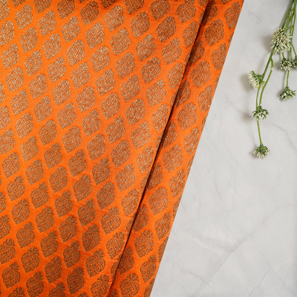 (Pre-Cut 3.70 Mtr) Orange Color Handwoven Brocade Silk Fabric