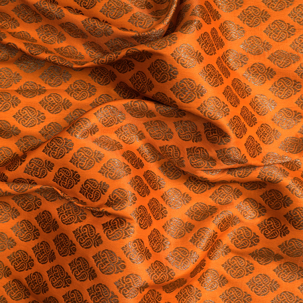 (Pre-Cut 3.70 Mtr) Orange Color Handwoven Brocade Silk Fabric