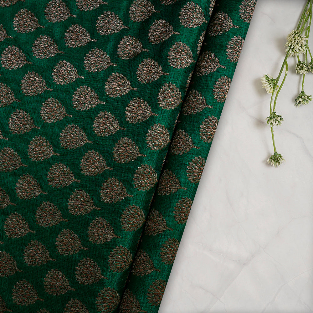 (Pre-Cut 1.90 Mtr) Green Color Handwoven Brocade Silk Fabric
