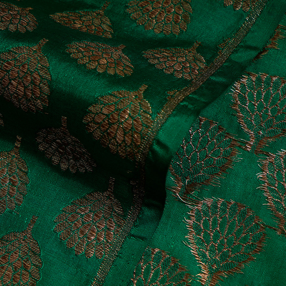 (Pre-Cut 1.90 Mtr) Green Color Handwoven Brocade Silk Fabric