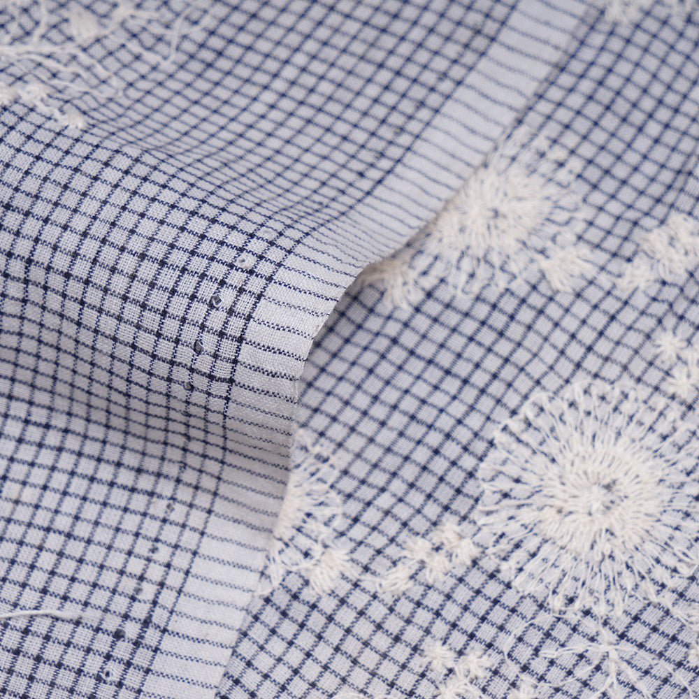 (Pre-Cut 2.40 Mtr) Off White-Black Color Embroidered Cotton Muslin Fabric
