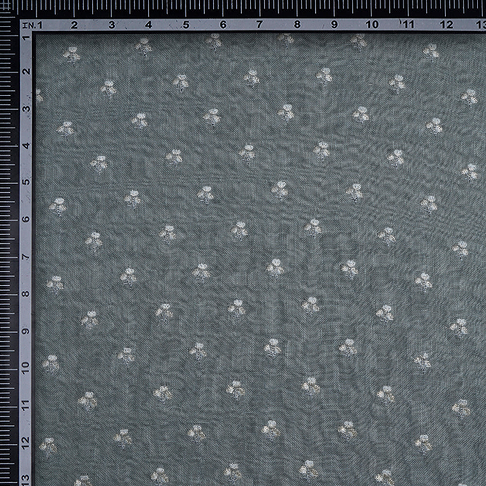 (Pre-Cut 1.20 Mtr) Grey Color Embroidered Linen Fabric