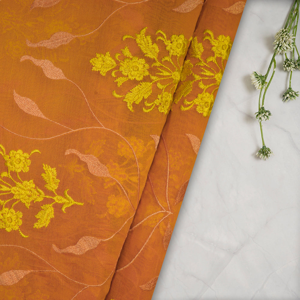 (Pre-Cut 2.70 Mtr) Orange Color Embroidered Pure Chanderi Fabric