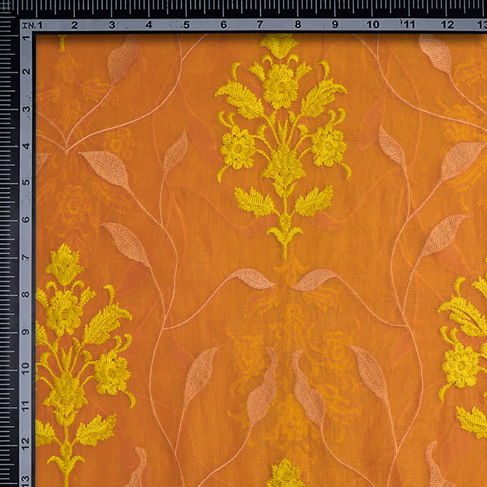 (Pre-Cut 2.70 Mtr) Orange Color Embroidered Pure Chanderi Fabric
