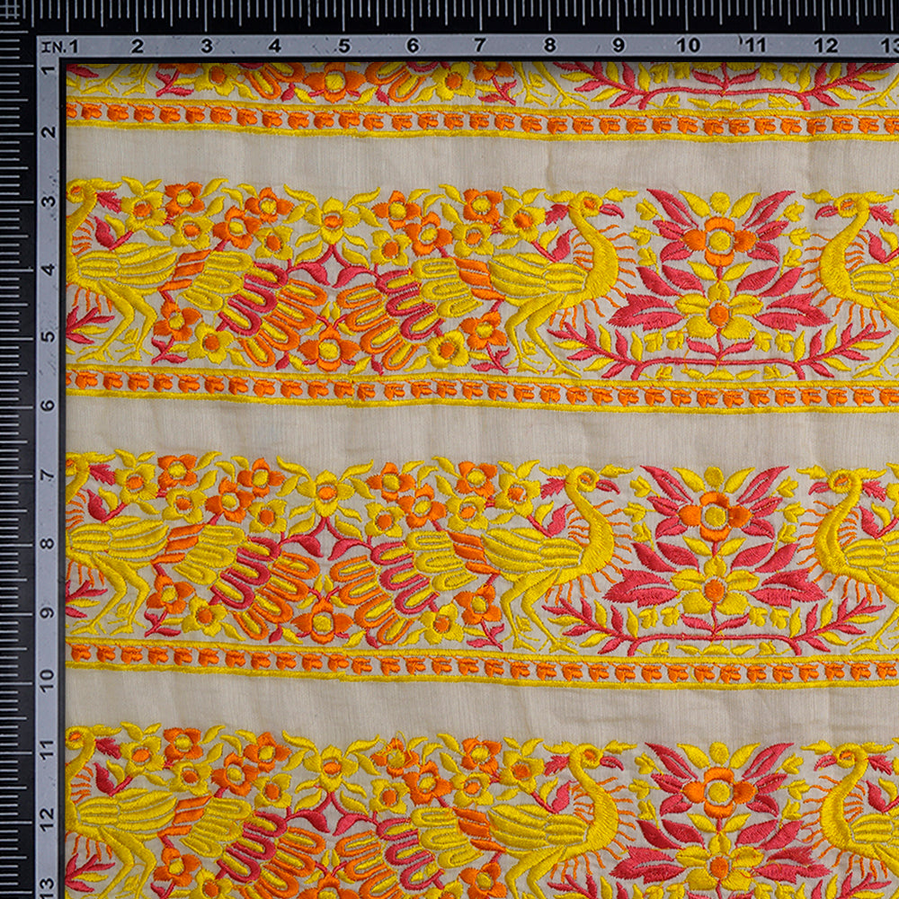 (Pre-Cut 0.90 Mtr) Off White Color Embroidered Pure Chanderi Fabric