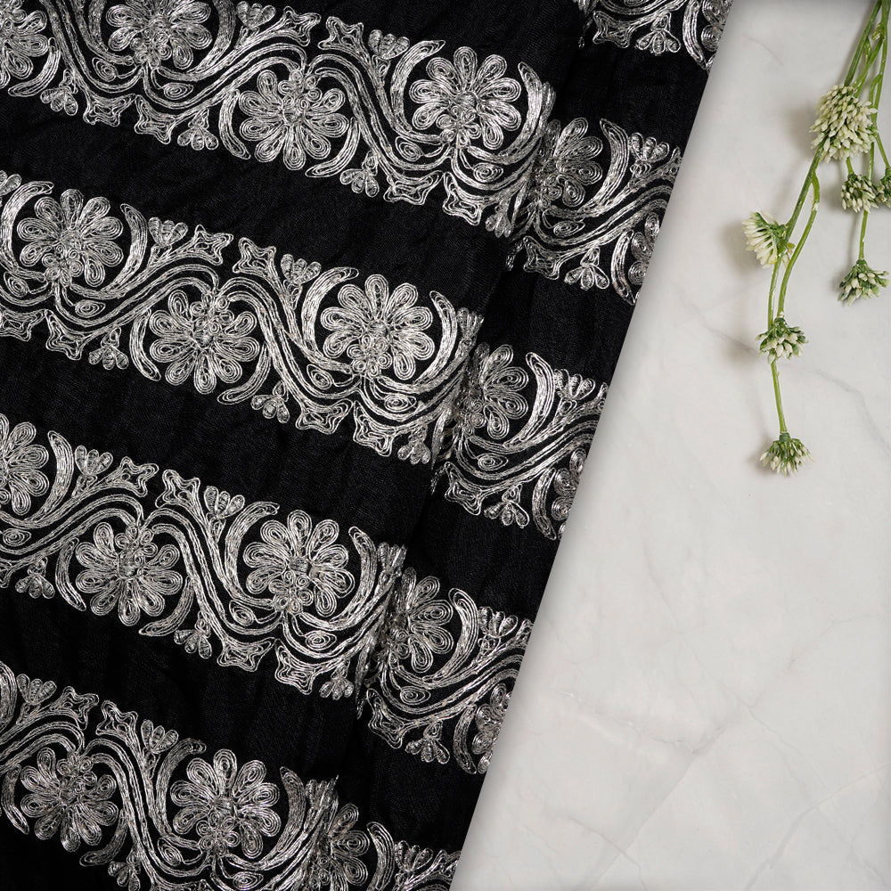 (Pre-Cut 3.80 Mtr) Black Color Embroidered Polyester Fabric