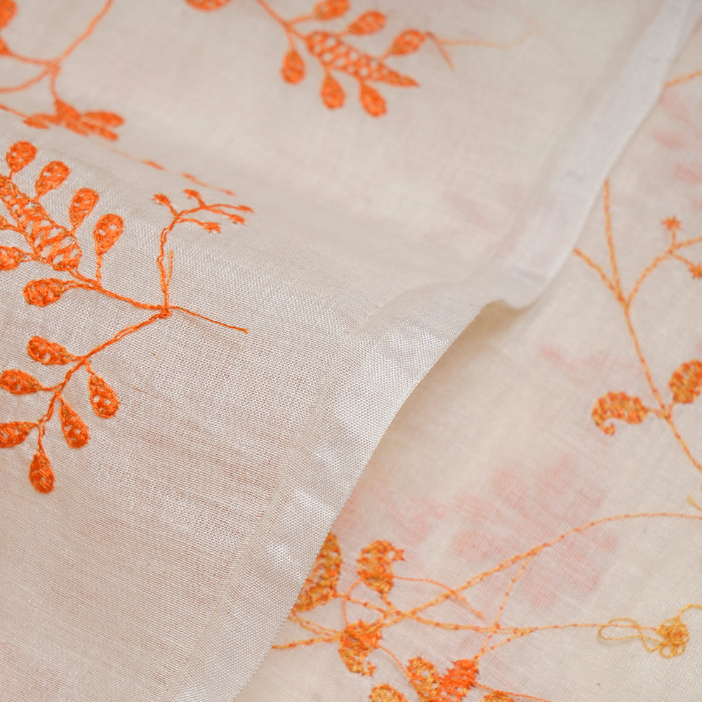 (Pre-Cut 3.80 Mtr) White Color Embroidered Chanderi Tussar Fabric